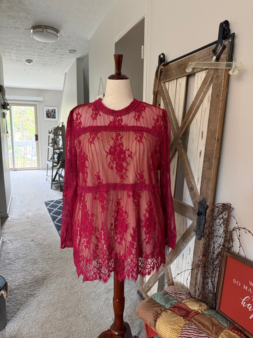 Women’s Sheer Lace Long-Sleeve Top - Deep Berry